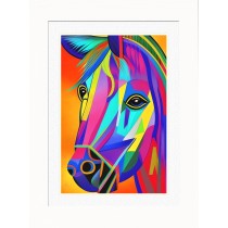 Horse Animal Picture Framed Colourful Abstract Art (25cm x 20cm White Frame)