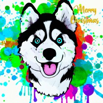 Husky Dog Splash Art Cartoon Square Christmas Card