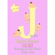 Personalised Baby Girl Birth Greeting Card (Name Starting With 'J')