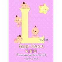 Personalised Baby Girl Birth Greeting Card (Name Starting With 'L')