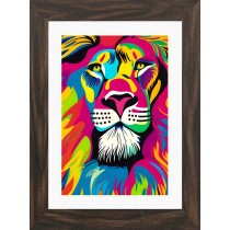 Lion Animal Picture Framed Colourful Abstract Art (25cm x 20cm Walnut Frame)