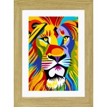 Lion Animal Picture Framed Colourful Abstract Art (30cm x 25cm Light Oak Frame)