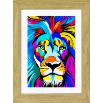 Lion Animal Picture Framed Colourful Abstract Art (A4 Light Oak Frame)