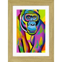 Monkey Chimpanzee Animal Picture Framed Colourful Abstract Art (30cm x 25cm Light Oak Frame)