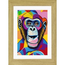 Monkey Chimpanzee Animal Picture Framed Colourful Abstract Art (25cm x 20cm Light Oak Frame)