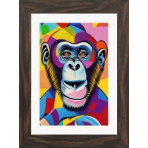 Monkey Chimpanzee Animal Picture Framed Colourful Abstract Art (25cm x 20cm Walnut Frame)