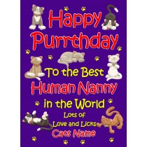 Personalised From The Cat Birthday Card (Purple, Human Nanny, Happy Purrthday)