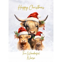 Christmas Card For Nurse (Highland Cow Family Art)