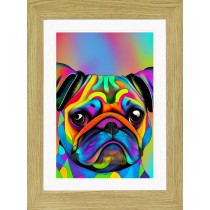 Pug Dog Picture Framed Colourful Abstract Art (25cm x 20cm Light Oak Frame)