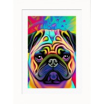 Pug Dog Picture Framed Colourful Abstract Art (A4 White Frame)