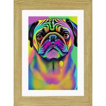 Pug Dog Picture Framed Colourful Abstract Art (30cm x 25cm Light Oak Frame)