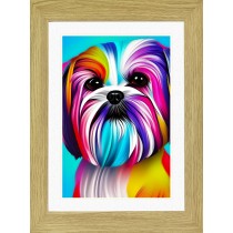 Shih Tzu Dog Picture Framed Colourful Abstract Art (A4 Light Oak Frame)