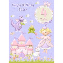 Kids 4th Birthday Princess Cartoon Card for Sister
