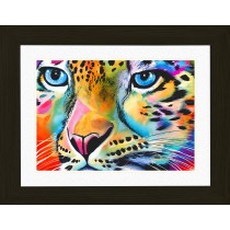 Snow Leopard Animal Picture Framed Colourful Abstract Art (25cm x 20cm Black Frame)