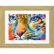 Snow Leopard Animal Picture Framed Colourful Abstract Art (A4 Light Oak Frame)