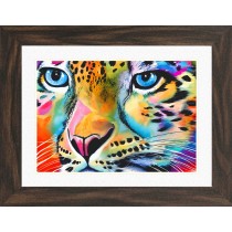 Snow Leopard Animal Picture Framed Colourful Abstract Art (A3 Walnut Frame)