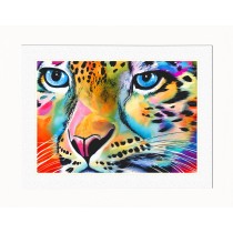 Snow Leopard Animal Picture Framed Colourful Abstract Art (A4 White Frame)