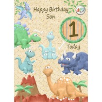 Kids 1st Birthday Dinosaur Cartoon Card for Son