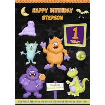 Kids 1st Birthday Funny Monster Cartoon Card for Stepson
