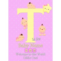 Personalised Baby Girl Birth Greeting Card (Name Starting With 'T')