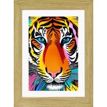 Tiger Animal Picture Framed Colourful Abstract Art (25cm x 20cm Light Oak Frame)
