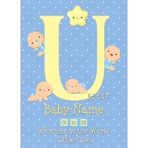 Personalised Baby Boy Birth Greeting Card (Name Starting With 'U')