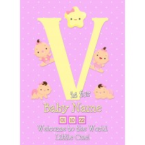 Personalised Baby Girl Birth Greeting Card (Name Starting With 'V')