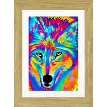 Wolf Animal Picture Framed Colourful Abstract Art (A3 Light Oak Frame)