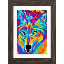 Wolf Animal Picture Framed Colourful Abstract Art (A4 Walnut Frame)
