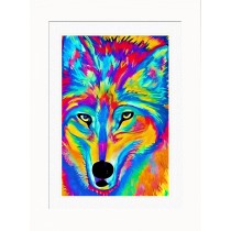 Wolf Animal Picture Framed Colourful Abstract Art (A3 White Frame)