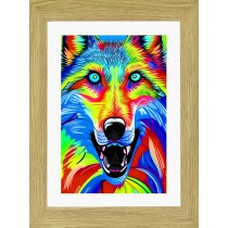 Wolf Animal Picture Framed Colourful Abstract Art (A3 Light Oak Frame)