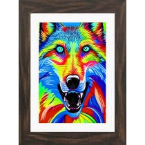 Wolf Animal Picture Framed Colourful Abstract Art (A4 Walnut Frame)
