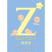Personalised Baby Boy Birth Greeting Card (Name Starting With 'Z')