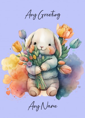 Personalised Bunny Rabbit with Flowers Watercolour Art Greeting Card (Birthday, Fathers Day, Any Occasion) 1