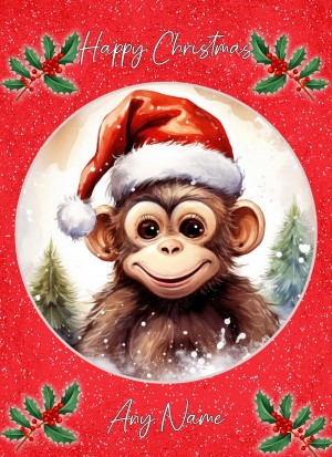 Personalised Monkey Christmas Card (Red, Globe)