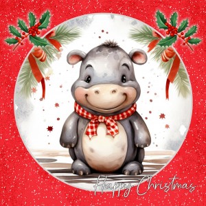 Hippo Square Christmas Card (Red, Globe)