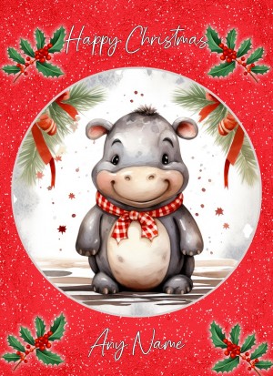 Personalised Hippo Christmas Card (Red, Globe)