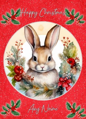 Personalised Rabbit Christmas Card (Red, Globe)