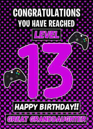 Great Granddaughter 13th Birthday Card (Level Up Gamer)