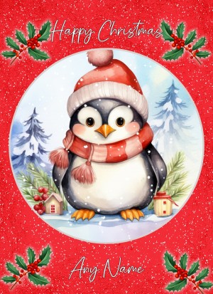 Personalised Penguin Christmas Card (Red, Globe)