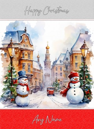 Personalised Snowman Town Art Christmas Card (Design 3)