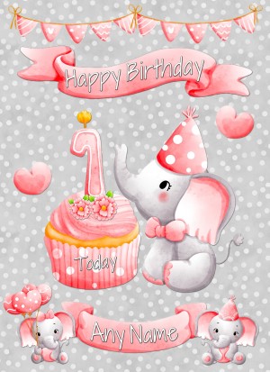 Personalised 1st Birthday Card (Pink, Grey Elephant)