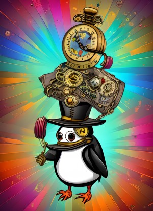 Steampunk Penguin Colourful Fantasy Art Blank Greeting Card
