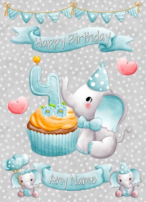 Personalised 4th Birthday Card (Grey Elephant)