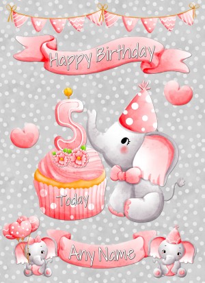 Personalised 5th Birthday Card (Pink, Grey Elephant)