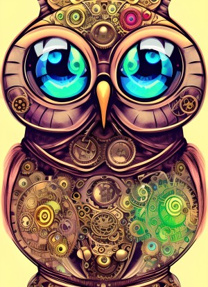 Steampunk Owl Colourful Fantasy Art Blank Greeting Card