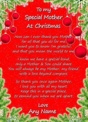 Personalised Christmas Verse Poem Greeting Card (Special Mother, from Son)