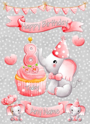 Personalised 8th Birthday Card (Pink, Grey Elephant)