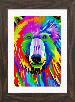 Bear Animal Picture Framed Colourful Abstract Art (25cm x 20cm Walnut Frame)