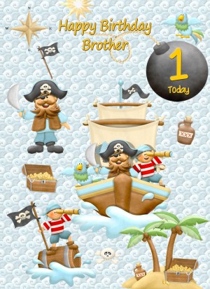 Kids 1st Birthday Pirate Cartoon Card for Brother